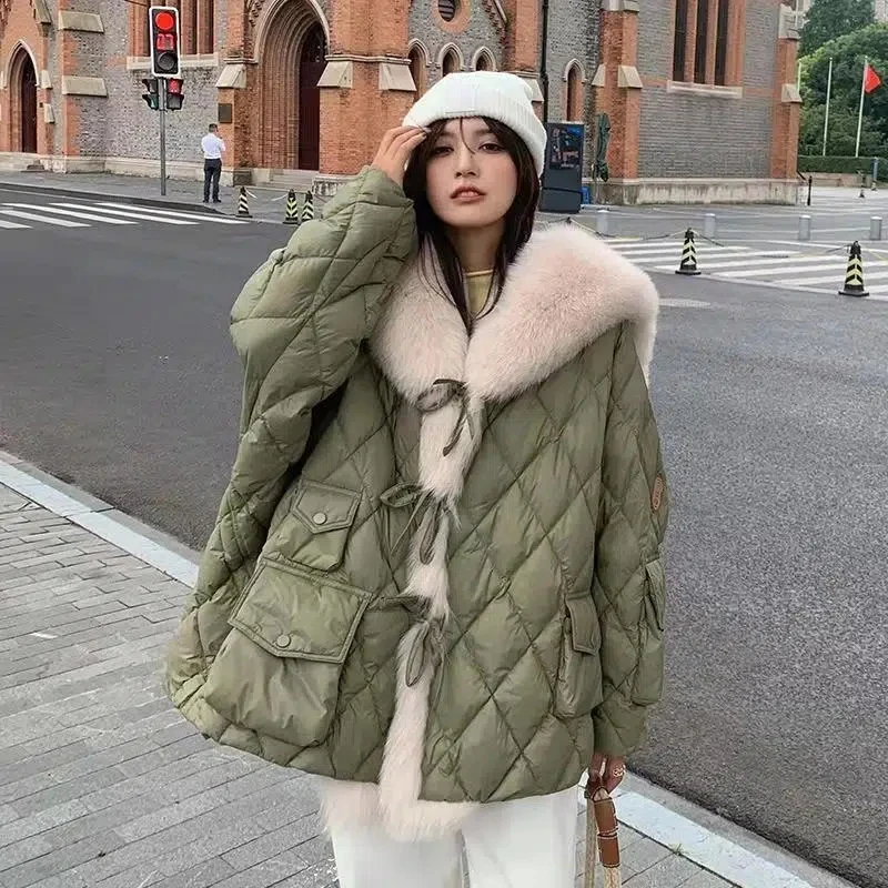 2022 Winter Duck Down Jacket Bat Sleeve Women Oversized Coat Fluffy Faux Fur Warm Parkas Big Fur Women Waterproof Outerwear