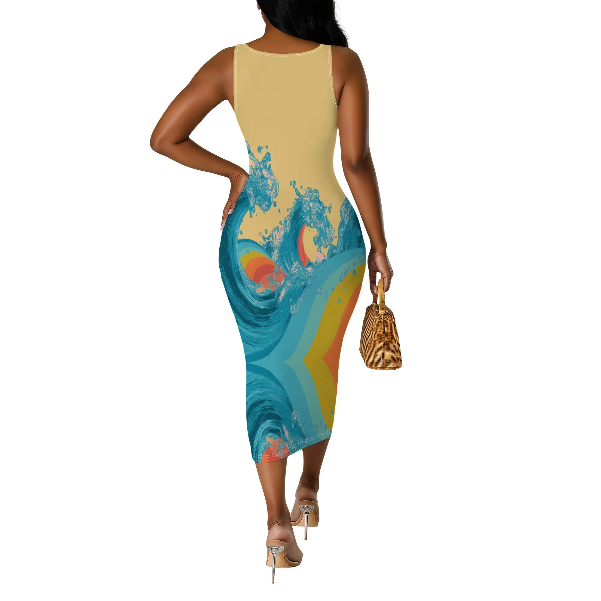 Ocean Wave Print Bodycon Midi Dress XS‑3XL Sleeveless Scoop Neck Style for Beach Vacation, Summer Outing or Tropical Resort Look