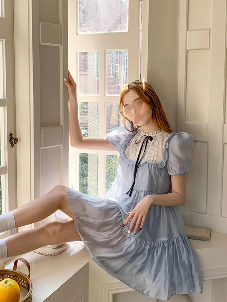 2023 Summer Sweet Elegant Dress Women Puff Sleeve Kawaii Lolita Mini Dress Female Fairy Even Party One Piece Dress Korean Chic