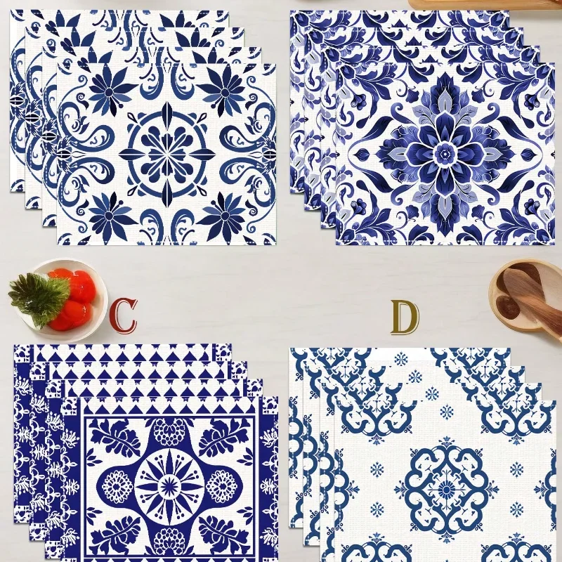 4Pcs Blue And White Ceramic Style Geometric Bohemian Placemat Table Runner Set For Coffee Mug Bowl And Plates Decor
