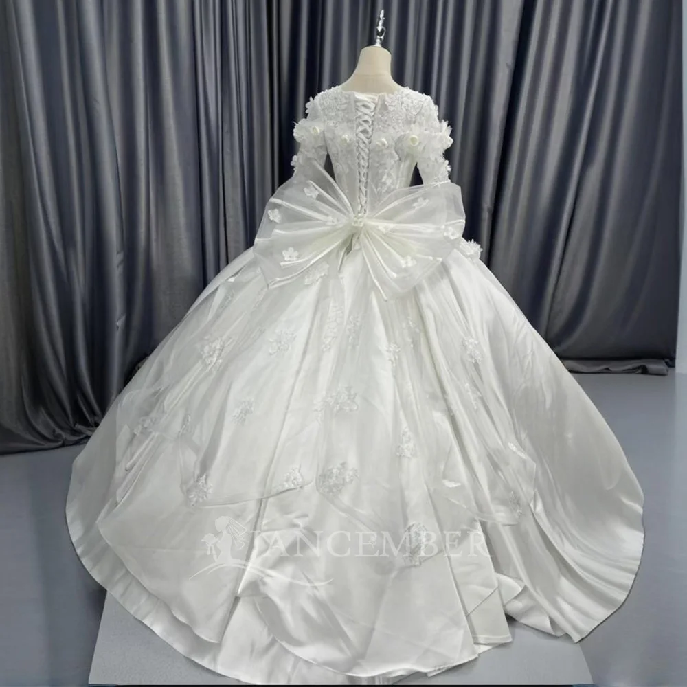 Customzied O-Neck Long Sleeves Ball Gown Satin Lace Appliqué Elegant Wedding Dress Floor-Length With Bow vestidos de novia boda