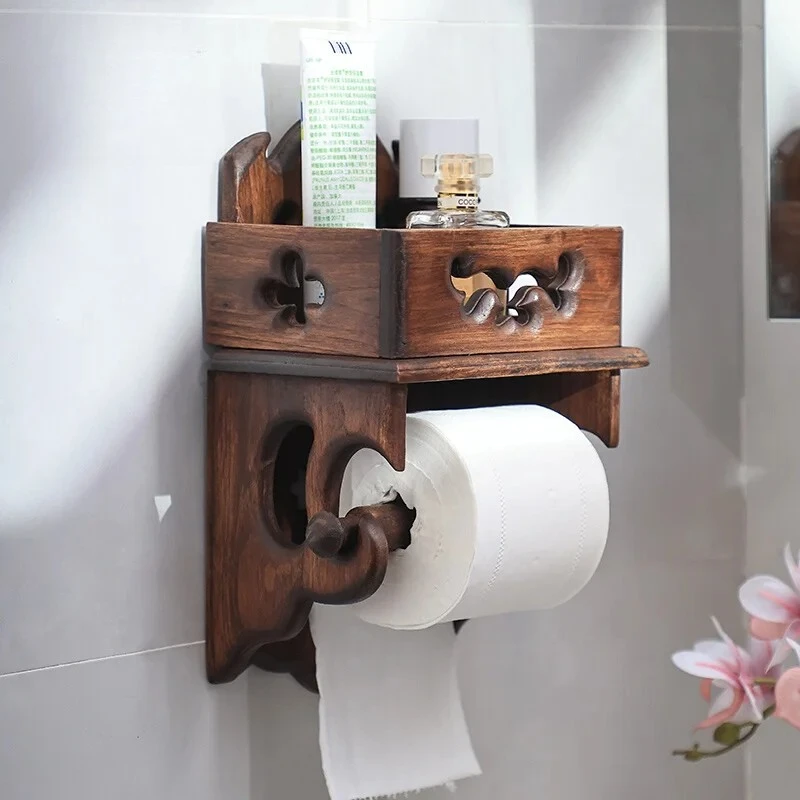 

Retro Solid Wood Toilet Paper Holder, Bathroom Wall-Mounted Tissue Rack, Vintage Toilet Roll Organizer with Shelf