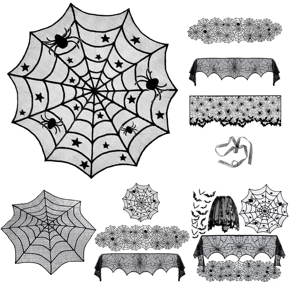 Halloween Decoration Lace Spider Web Skull Skeleton Tablecloth Black Runner Fireplace Mantel Scarf Lampshade Party Horror Props