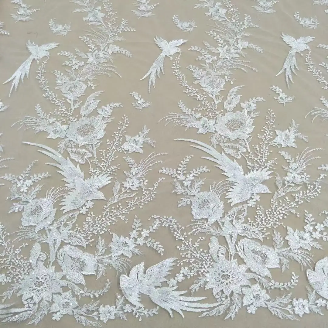 Hot selling off-white flower-and-bird wedding dress fabric lace with sequins 130cm wide sold by size