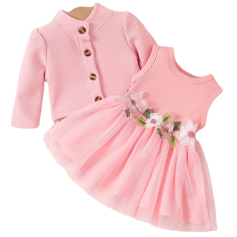 Meninas Sem Mangas Princesa Vestido Set, Casaco de Manga Comprida, Malha De Algodão, Flores Fofas, Roupas De Bebê Recém-nascido, Primavera e Outono,