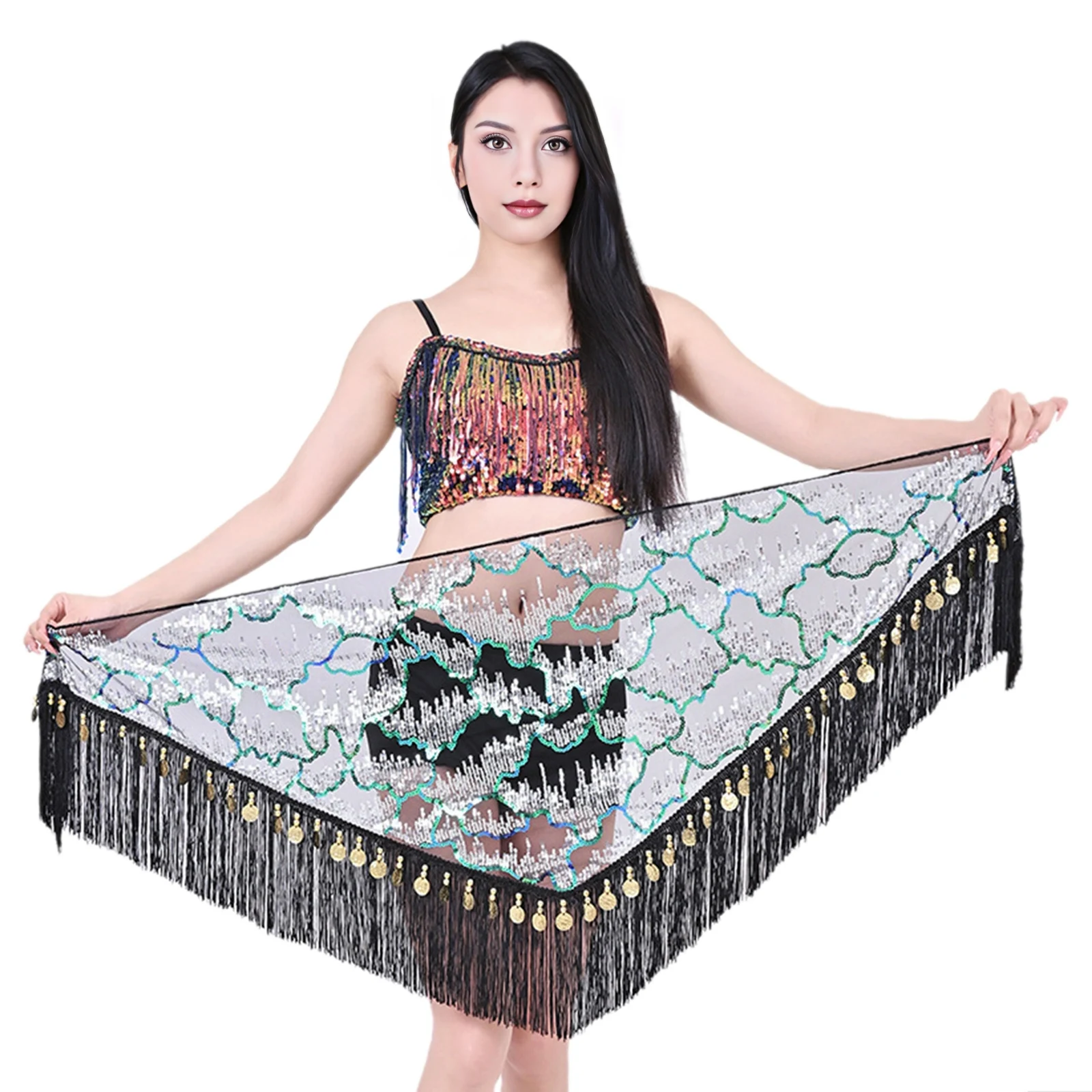 

Sheer Mesh Belly Dance Hip Scarf Women Shiny Sequin Tassel Fringe Triangle Waist Chain Hip Wrap for Latin Tango Dance Ballroom