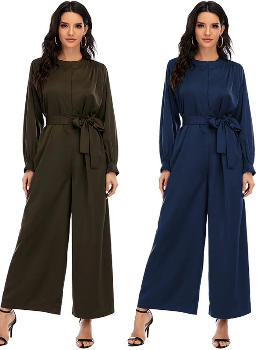 

Мусульманские женщины Ближний Восток Дубай Абая однотонное боди длинное платье скромный кафтан халат комбинезон широкие брюки Femme исламская одежда