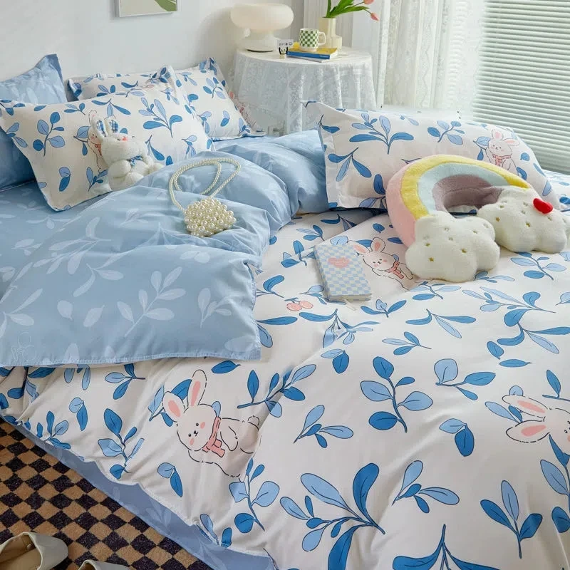 Rabbit Bedding Set Cute Blue Sweetheart Soft Flat Sheet Set Duvet Cover With Pillowcase Single Double Queen Size Bed Linen