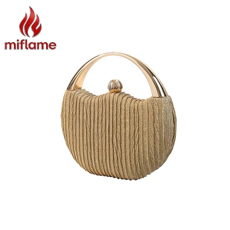 

Women's Evening Clutch Pleated Round Box Purse with Metal Handle Formal Party Vintage New Fashion