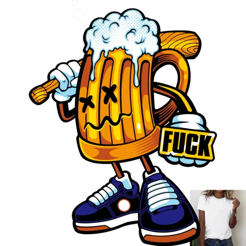 Cool Cartoon Beer Mug Heat Transfer White Ink Iron - on Patch, Street Trend Style, Suitable for T - shirts/Canvas Bags, for