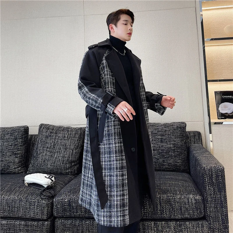 

Trendy 2023 Winter Men's Autumn Elegant Checked Patchwork Woolen Coat Trench Luxury Asymmetric Tweed Overcoat Windbreaker