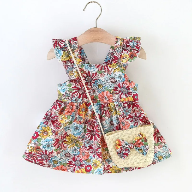 Children's Dress for Girls 2024 Summer Retro Color Contrast Big Flower Halter Children's Skirt with Backstrap Bag A-line Skirt