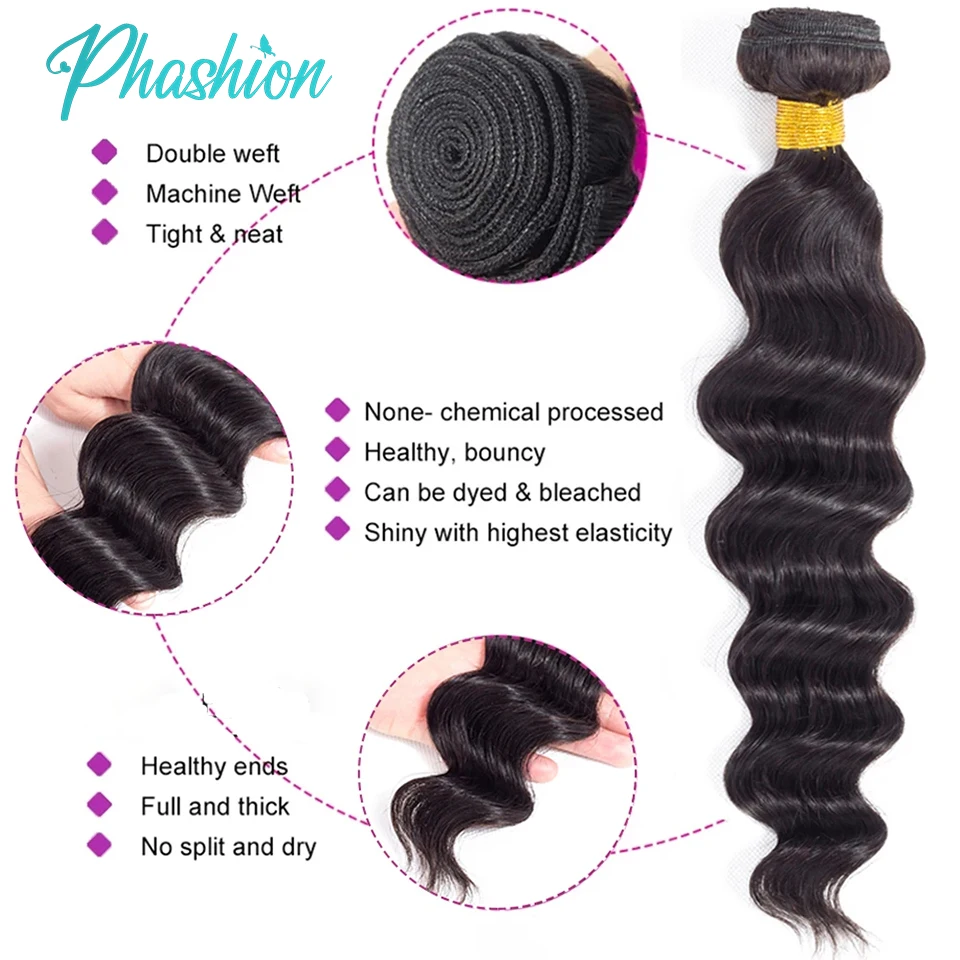 Phstadt-Extensions de Cheveux Humains Profonds pour Femmes Noires, Tissage Brésilien en Vente, 1/3 Remy, 30 32 Pouces, Lot de 100% Pièces