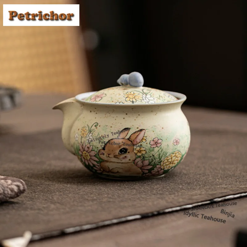 

175ml Caramel Glaze Rabbit Flower Gourd Handheld Teapot Aesthetic Tea Infuser Pot Tea Maker Kettle With Filter Tableware Craft