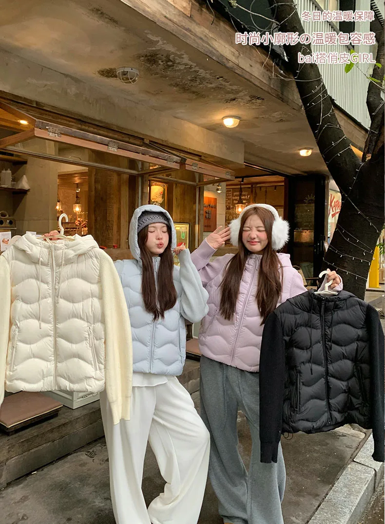 Solid Knitted Long Sleeve Cotton Jacket Autumn Winter Hooded Lightweight Warm Puffer Jackets Female Zipper Short Padded Parkas