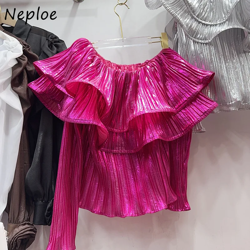 Neploe 2024 Autumn French Socialite Style Fashionable Bright Blouses Femme Pleated Ruffle Edge Sloping Shoulder Slash Neck Shirt