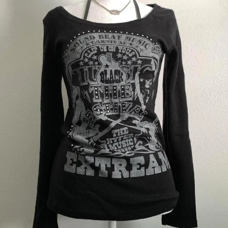 Camisetas de manga larga con gráfico de letras Punk para mujer, camisetas dulces Vintage con cuello Halter, camisetas Grunge Y2K, ropa de calle de otoño