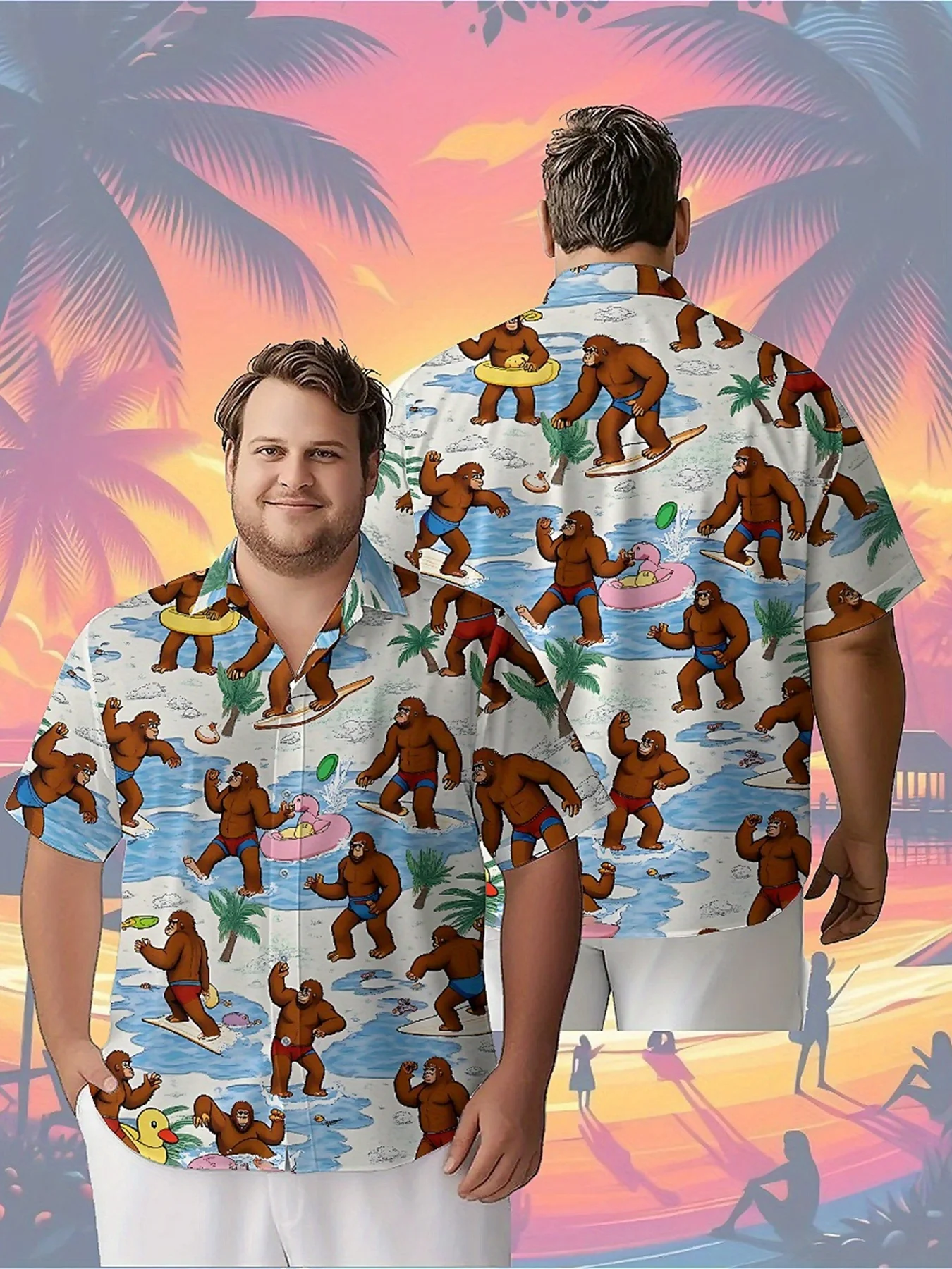 

Men's Plus Size Hawaiian Shirts Tropical Beach Surfing Monkey pattern, Button Up Shirts, Unisex Casual Clothing, Summer Tops