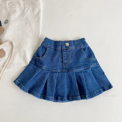 Summer Kids Girls Denim Pleated Skirt Pants 2023 New Korean Style Elastic Waist Blue Jean Skirts 1-8Years Old Infant Girl Skirt