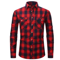 Mens Clothing Blouse Striped Men Red Green Blue Dress Shirt Tops Casual Business Plaid Print Long Sleeves Pocket design Shirt