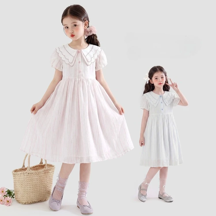

summer French teen girls gentle pink striped dress Solid Color Blue Single-Breasted 4-14 Sweet Style princess Daliy Dresses