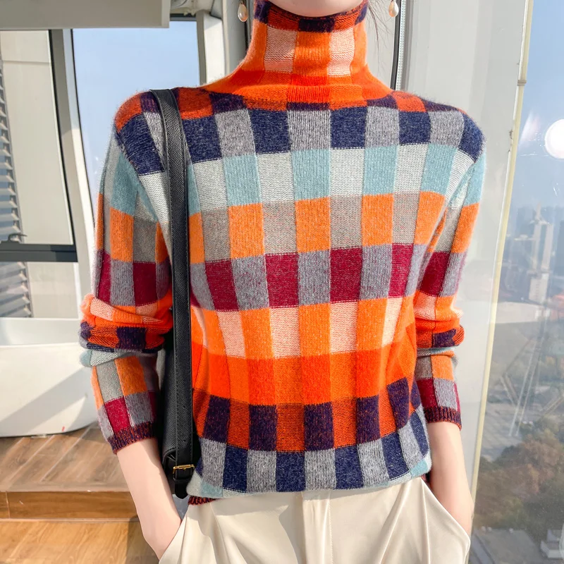 100% Merino Wool Women\'s Clothing Sweater Fashion Checkerboard Plaid Top Knit Turtleneck Pullover Autumn Winter New