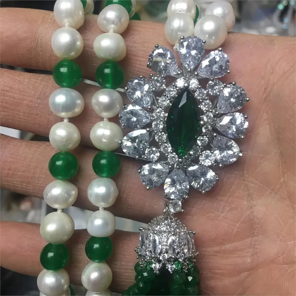 Hand knotted new natural 9-10mm white freshwater pearl inlaid green stone long tassel necklace sweater chain fashion jewelry