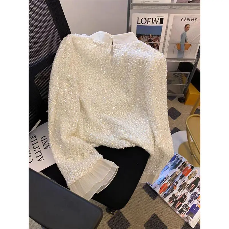 Celebrity sequined bow shirt women's 2025 autumn new Korean chic horn long-sleeved bottoming top