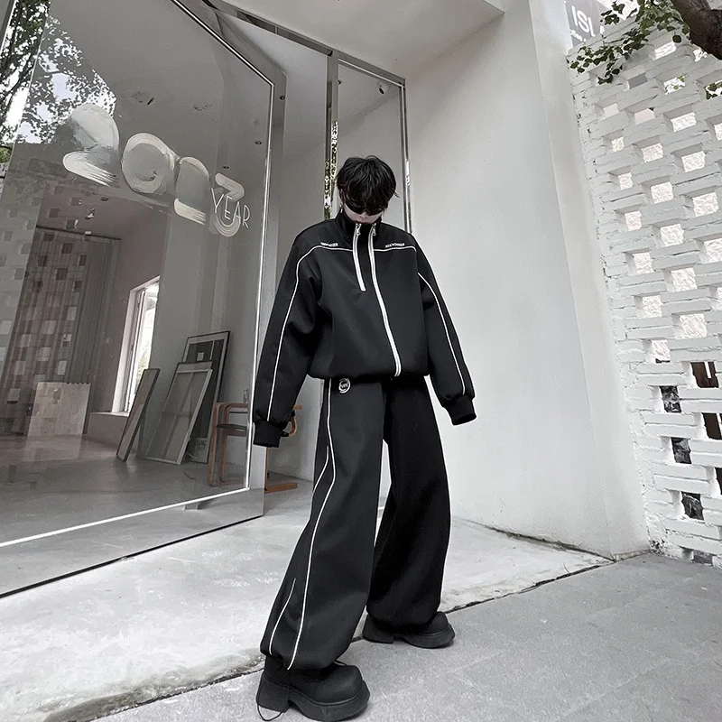 

Fall Casual American High Street Sportswear Set Men's Trendy Zipper Collar Sweatirt Design Wide Leg Pants