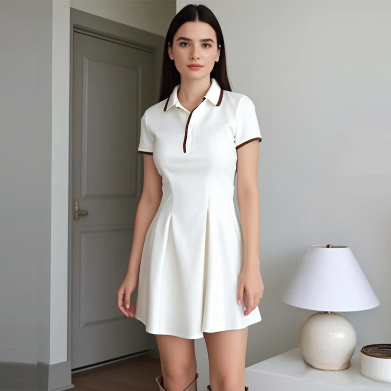 Women's Dresses Ribbed Lapel Buttons Short Dresses White Short Sleeve Chic British Casual Summer Mini Dress Street Party Dresses