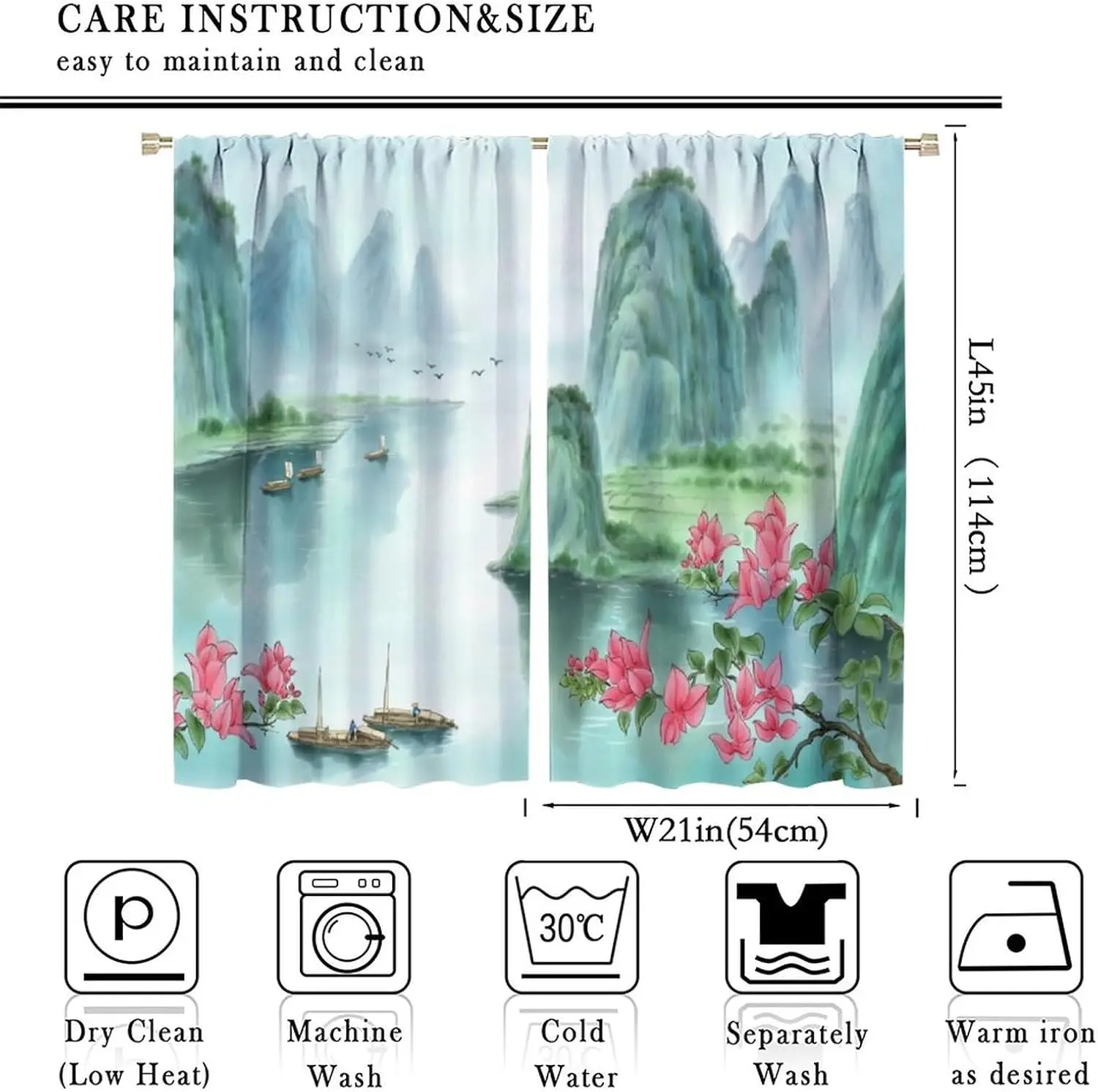 Chinese Ink Landscape Curtains, Oriental Pine Mountain River Nature Print 2 Panels Window Drapes for Living Room Bedroom Home