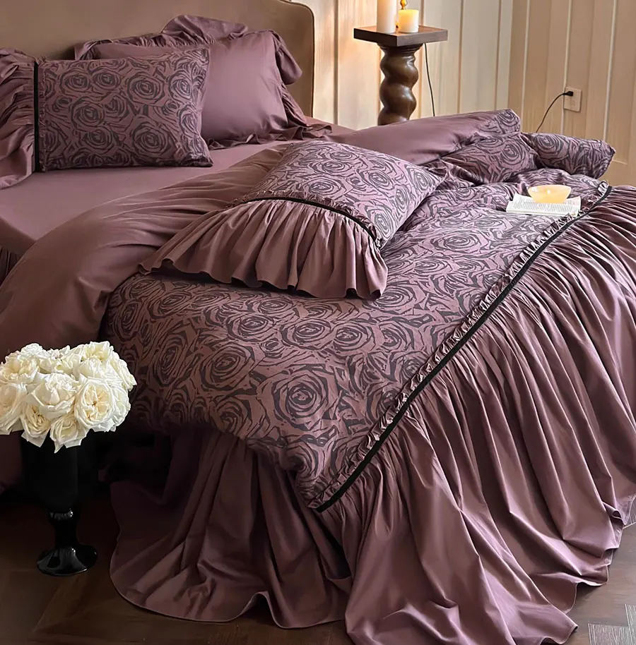 Romantic french vintage rose bedding set,full queen king fairyfair ruffled cotton home textile bed sheet pillow case duvet cover