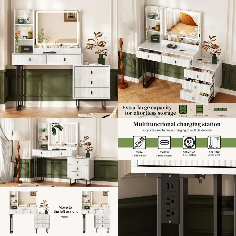 

Elegant Large Vanity Desk Featuring 3-Color Touchscreen Dimming Mirror and Built-in Charging Station, Complete with Modern Retra