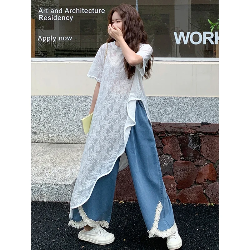 Summer 2025 Embroidered Long Uneven Top And Jeans Two-Piece Set Faionable Casual Wear for Young Women 8-25 Years Old