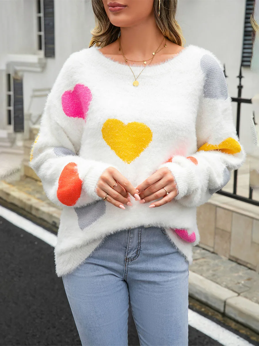 Women’s Fuzzy Knit Sweater Long Sleeve Round Neck Heart Print Warm Valentine s Day Pullover Sweater for Fall Winter