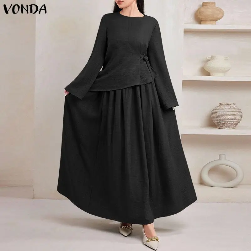 Conjuntos de Vestidos de Moda VONDA para Mujer, Conjuntos de Dos Piezas para Trabajo y Fiesta, Tallas Grandes, Falda Larga, Blusas de Manga Larga, Tops Irregulares con Cordones, 2 Piezas
