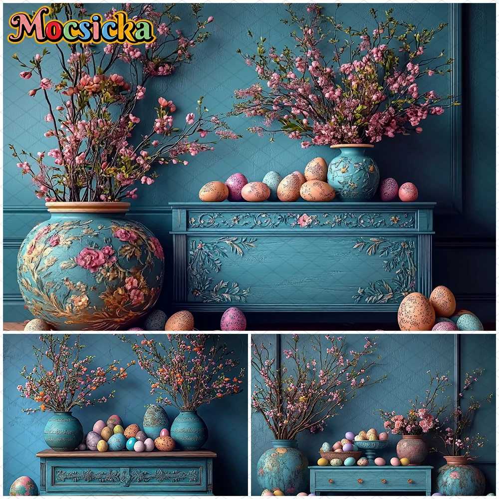 

Mocsicka Easter Photography Backdrop Spring Flower Egg Blue Vase Decorations Background Studio Shooting Props Birthday Wallpaper