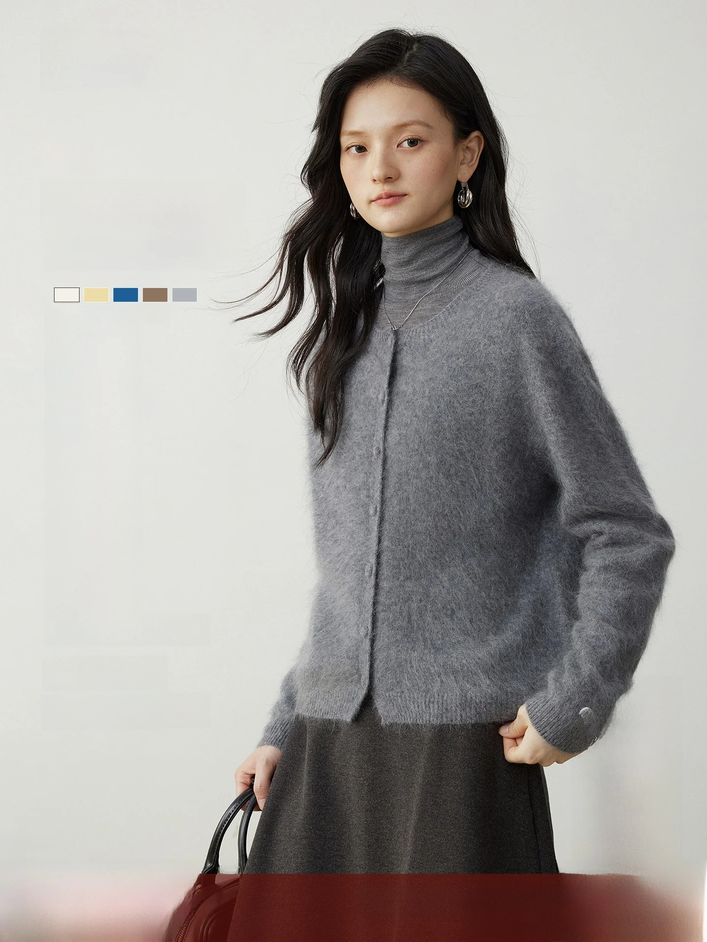 Yake Home Grey Knitted Loose Cardigan Sweater Women's Autumn Winter round Neck Pull Loop Cashmere Soft Warm Long Sleeve