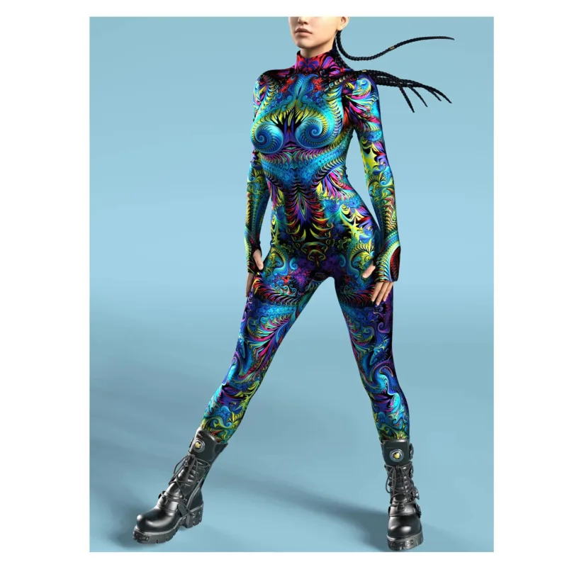 Multicolour Printing Jumpsuit Cosplay Costume Women Kids Sexy Long Sleeve Slim Elastic Bodysuits Halloween Holiday Party Rompers