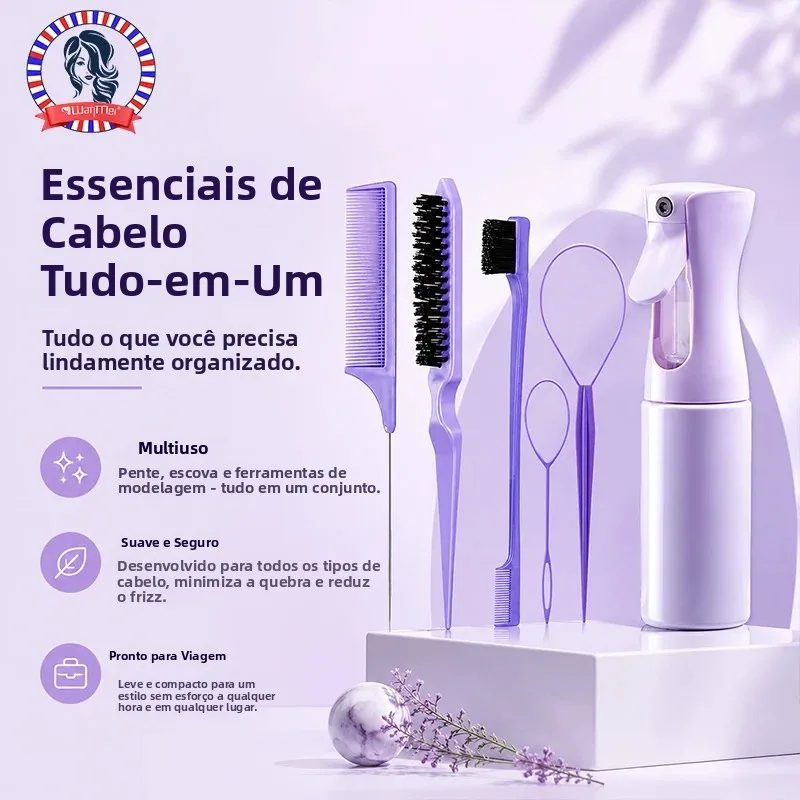 6 pçs conjunto de escova de cabelo spray garrafa trança de cabelo laço rato cauda pente provocando cabelo brsuh borda escova de cabelo encaracolado acessórios para o cabelo