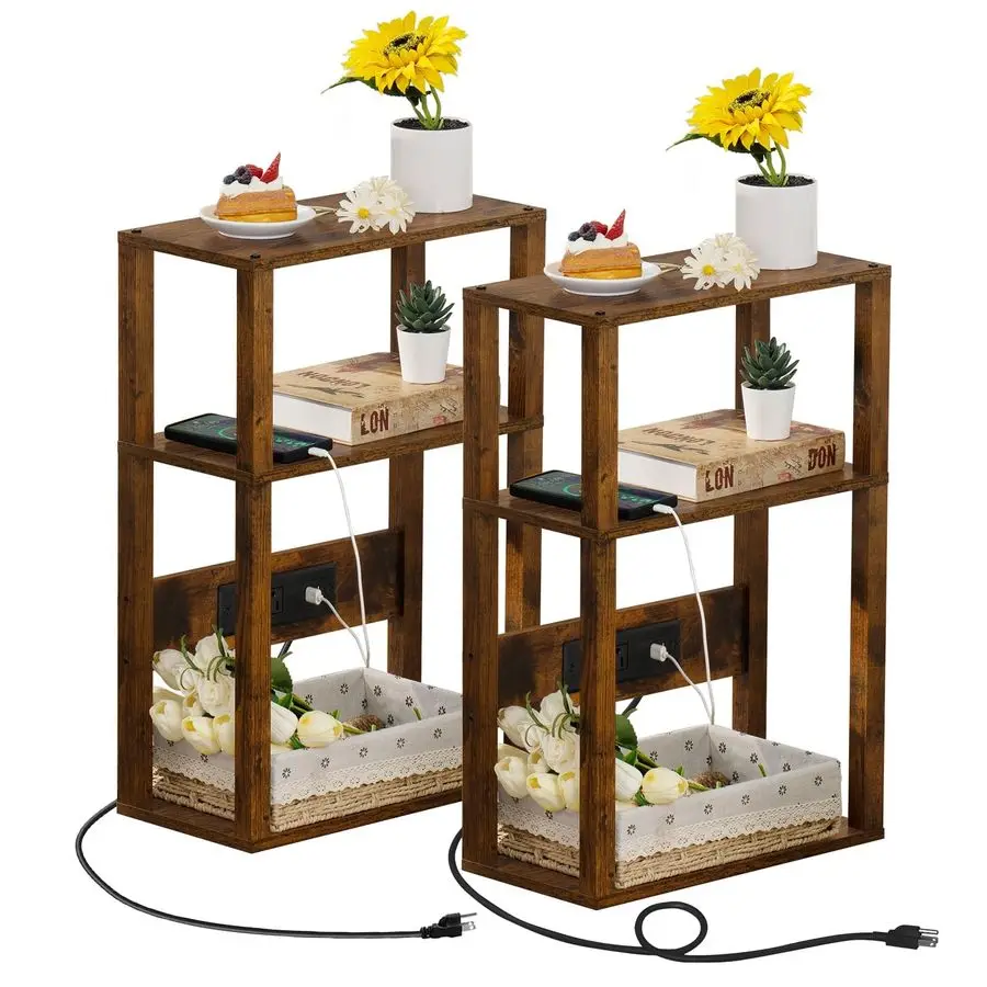 

Small Narrow Wood Side Table Set of 2 with Charging Station Skinny Nightstand for Small Spaces, Slim Bedside Table with USB Port