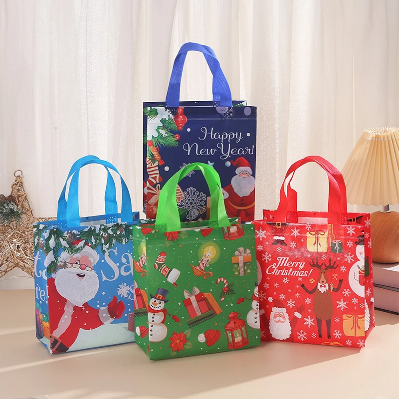 Merry Christmas Gift Bags with Handle High-capacity Foldable Storage Handbag Non Woven Cartoon Print Santa Elk Party Supply TMZ