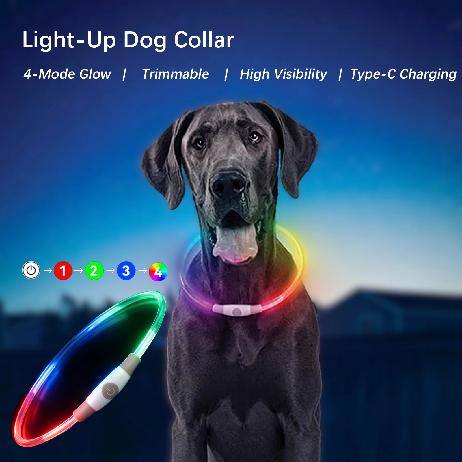

4-Mode LED Dog Collar Rechargeable Type-C Adjustable Light Up Pet Collar for Safety High Visibility Night Reflective Collar