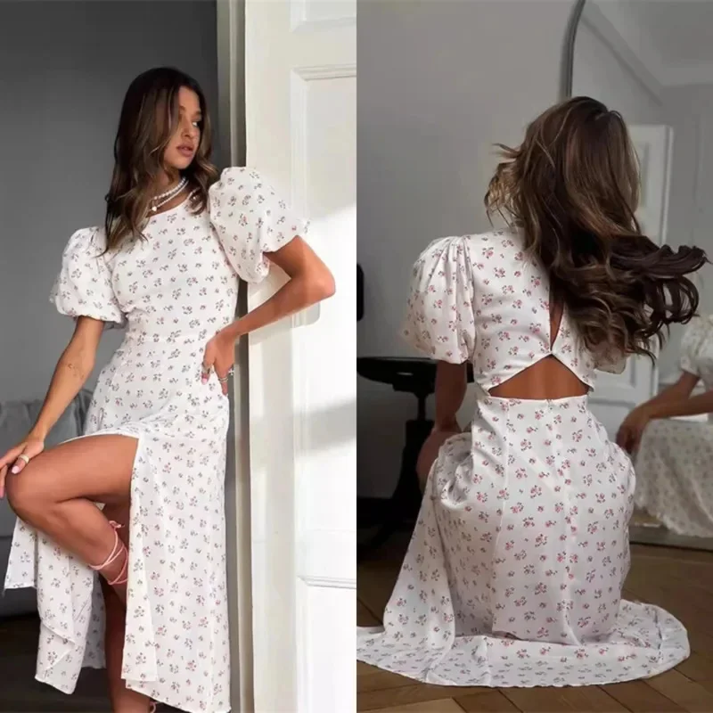

Chic Elegant Floral Print Maxi Dress French Round Neck Puff Sleeve Slit Princess Dress New Summer Stylish Women's A-line Dress