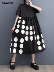 Black Vintage Polka Dot Shirt Dresses For Women Summer New In Short Sleeve Loose Casual Long Dress Fashion Elegant Clothes 2024