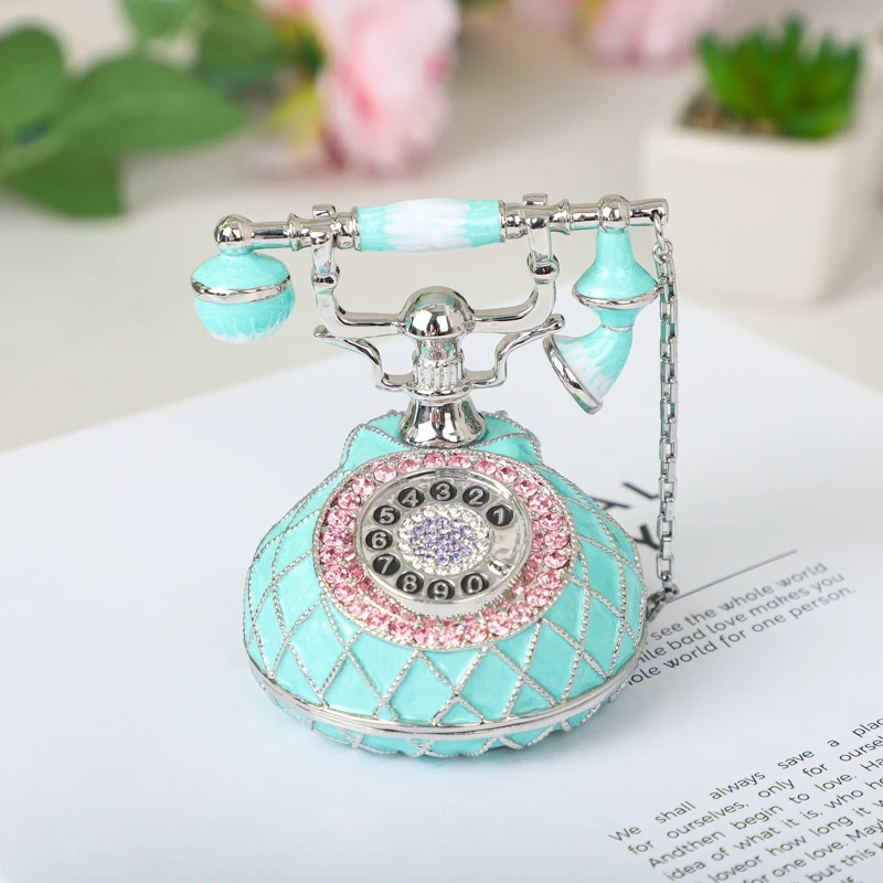 SHINNYGIFTS 100% HandPainted Telephone Shape Trinket Box Metal Enamel Home Decorative Gift Boxes