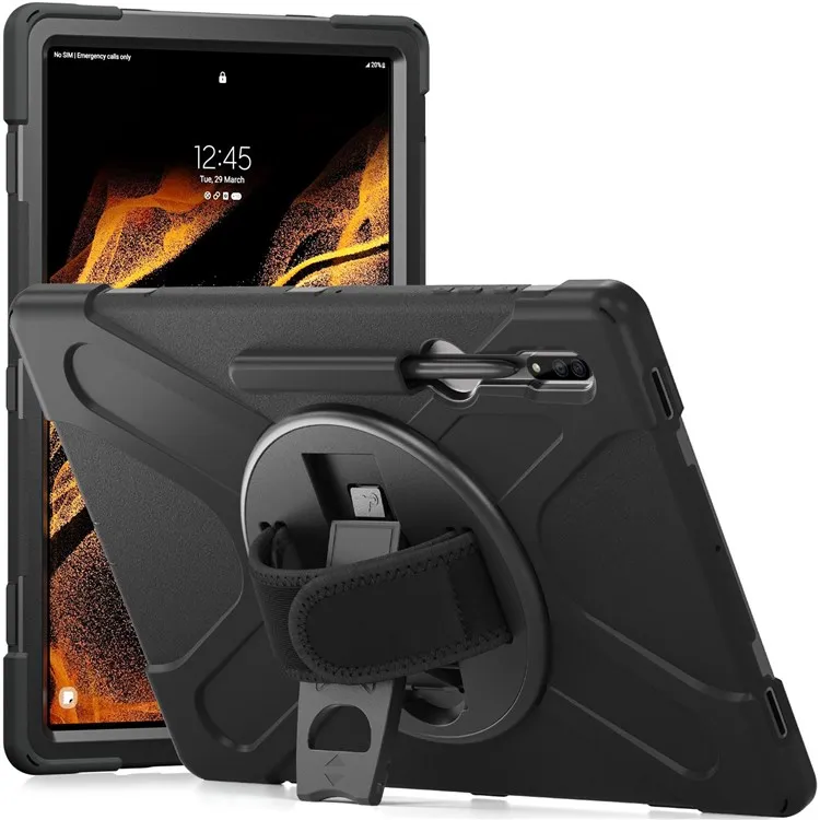 

For Samsung Galaxy Tab S8 Ultra X900 / X906 / S9 Ultra X910 Hand Strap Tablet Case Hard PC + Soft TPU Shockproof Cover - Black