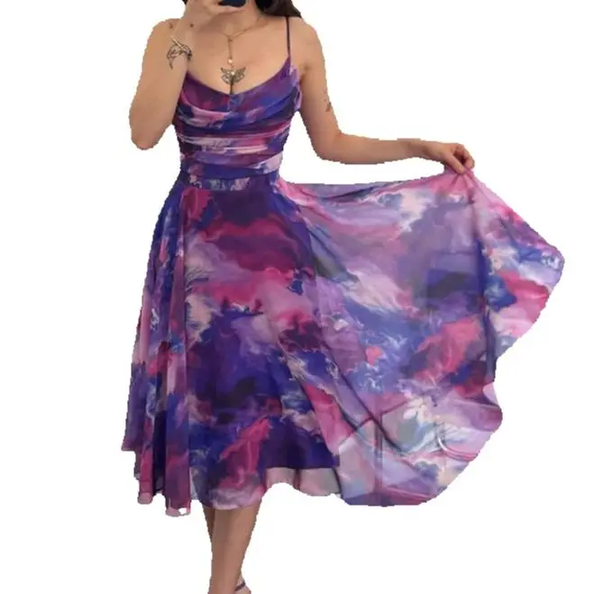 

Women's Sexy Dresses Daily Wear Female Ombre Print Spaghetti Strap Cowl Neck Dress Woman Casual A Line Sheer Mesh Party Dress