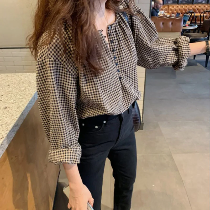 Long Sleeve shirt for Women 2020 New Korean Style Blouse Versatile Loose Plaid Top Slimming round Neck Trendy