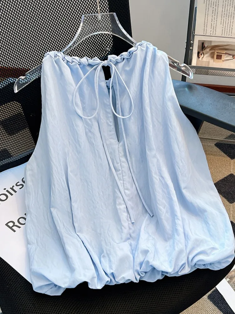 Azul fora do ombro vela colete irt feminino verão solto ort bloomer topo coreano sle commute faion redondo ne vestido